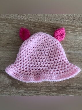 Handmade Pink Crochet Kids Hat with Dark Pink Ears